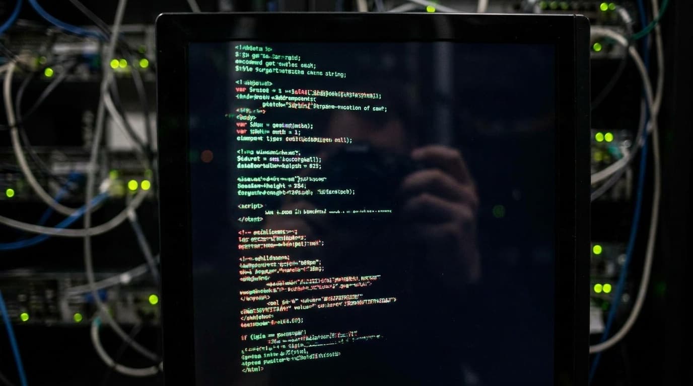 Abstract image of computer code on a dark screen representing a cyberattack