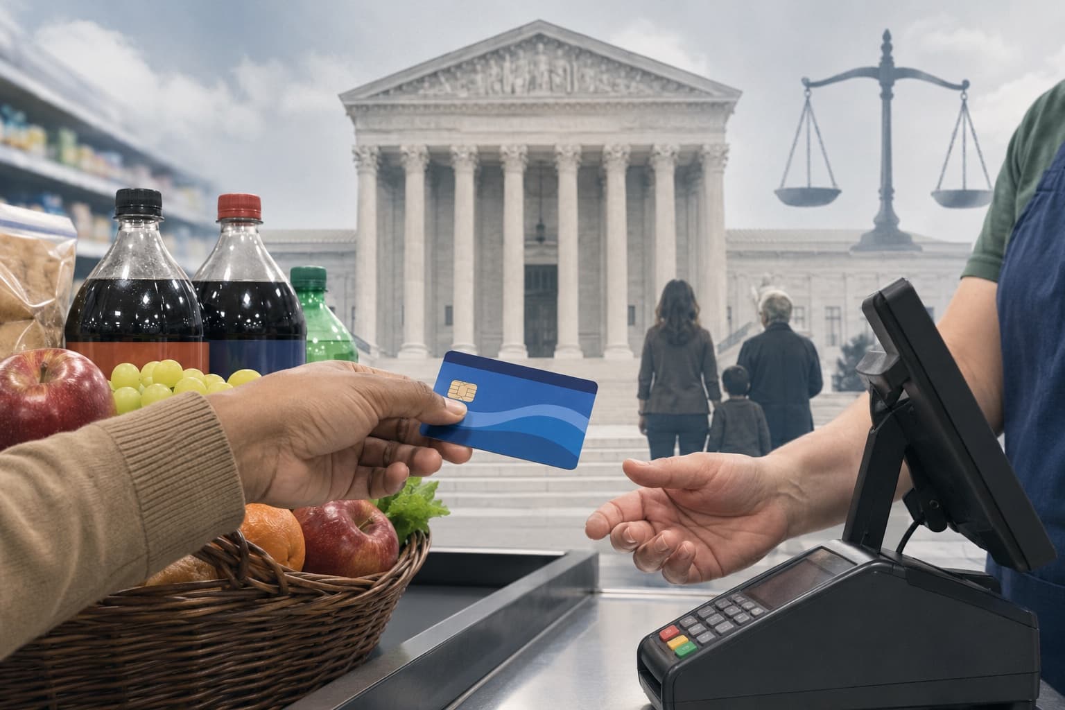 A supermarket checkout conveyor with grocery items and a card payment terminal
