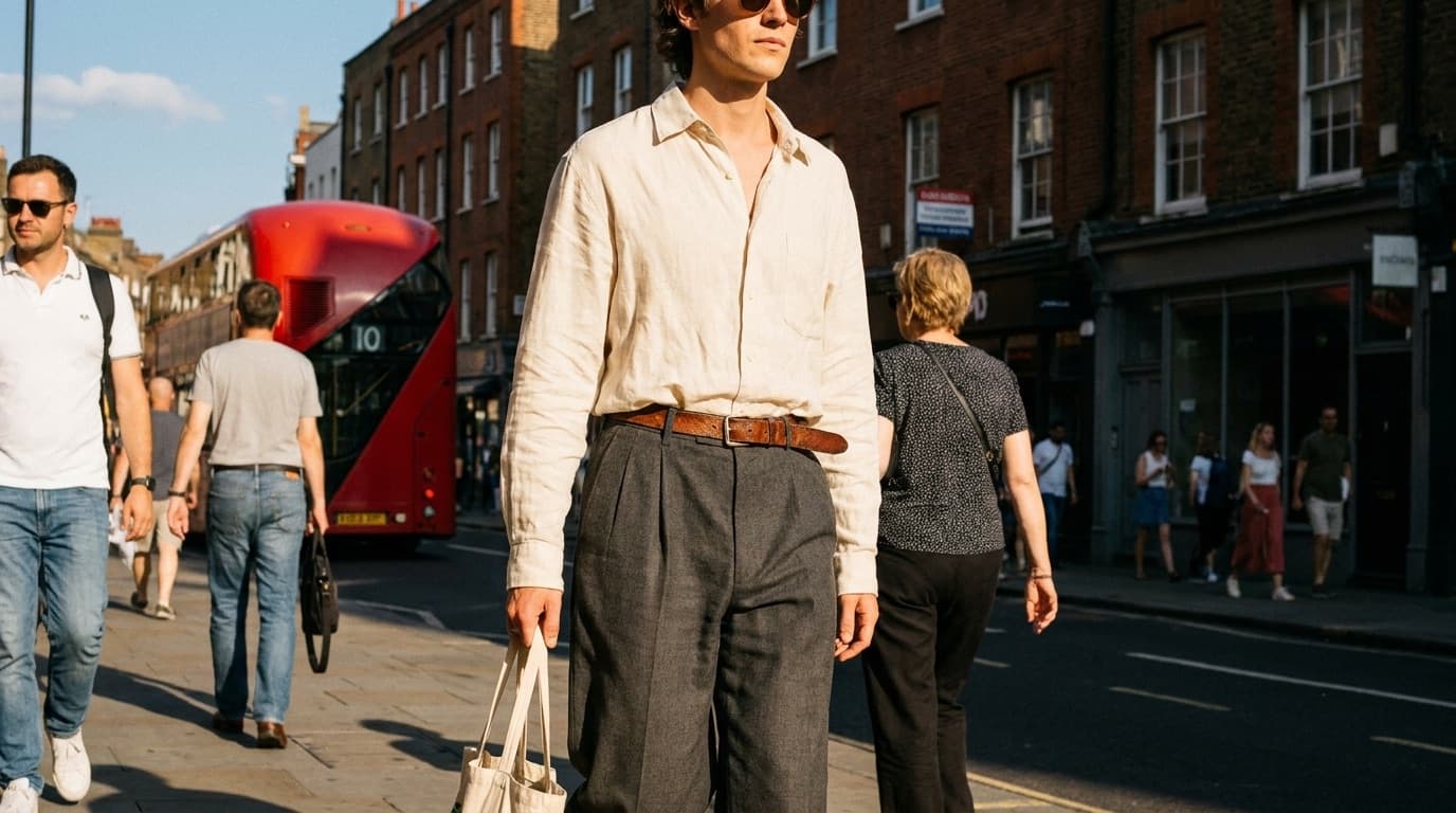 A street-style outfit pairing wide-leg trousers with a linen shirt and leather belt in summer sun