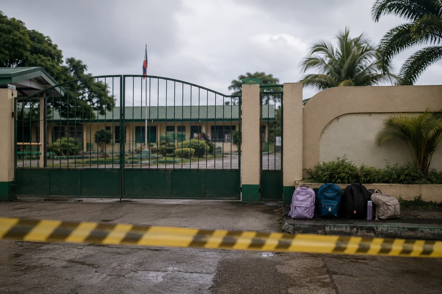 Police tape cordoning off the entrance of a large secondary school building under an overcast sky