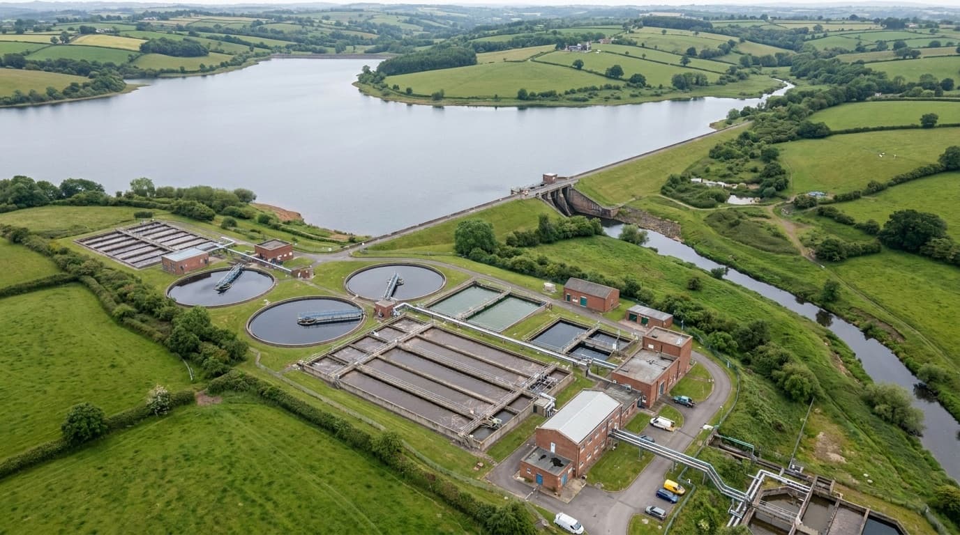 A reservoir and water treatment works seen from above