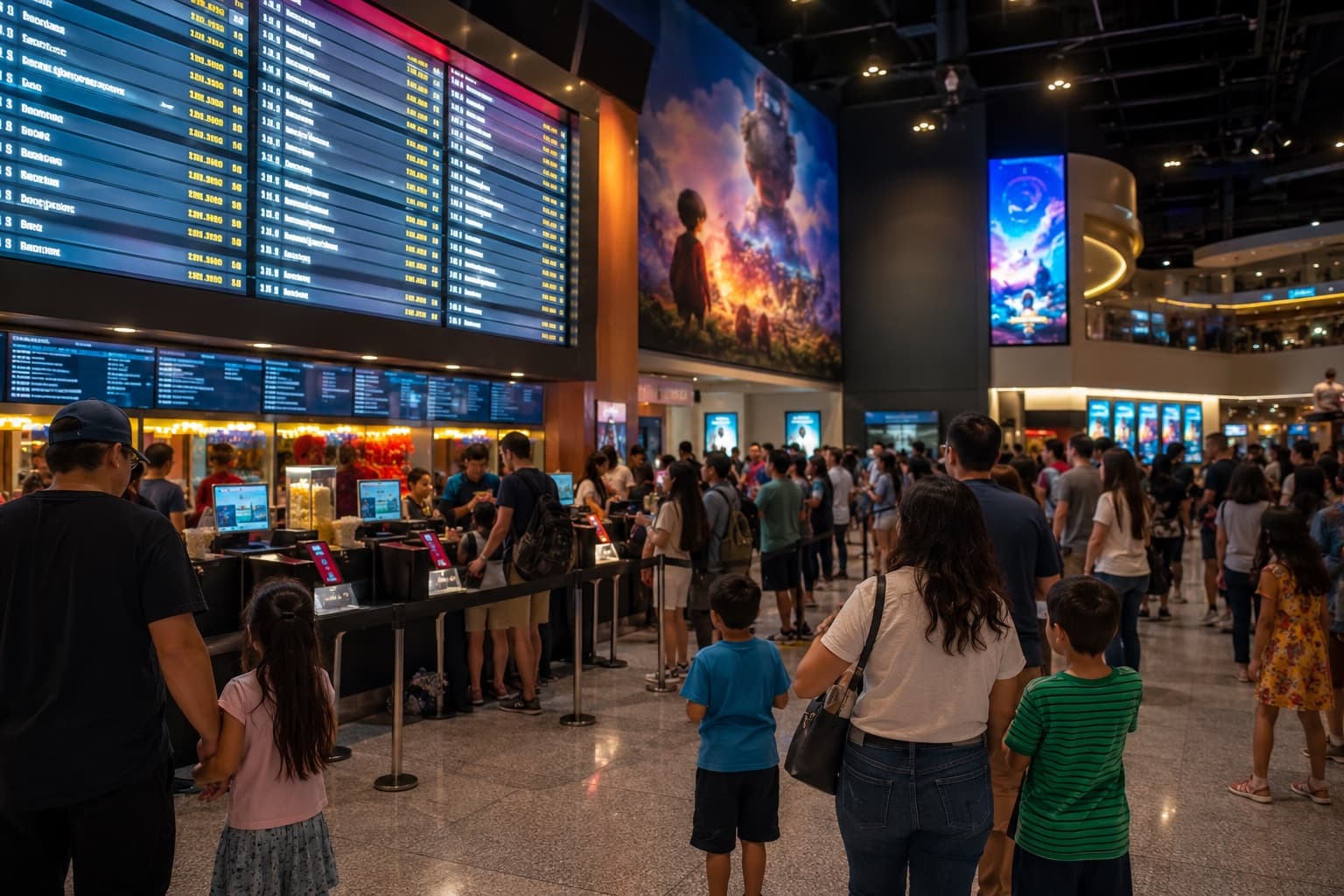 A packed cinema audience watching an animated family film on a large screen