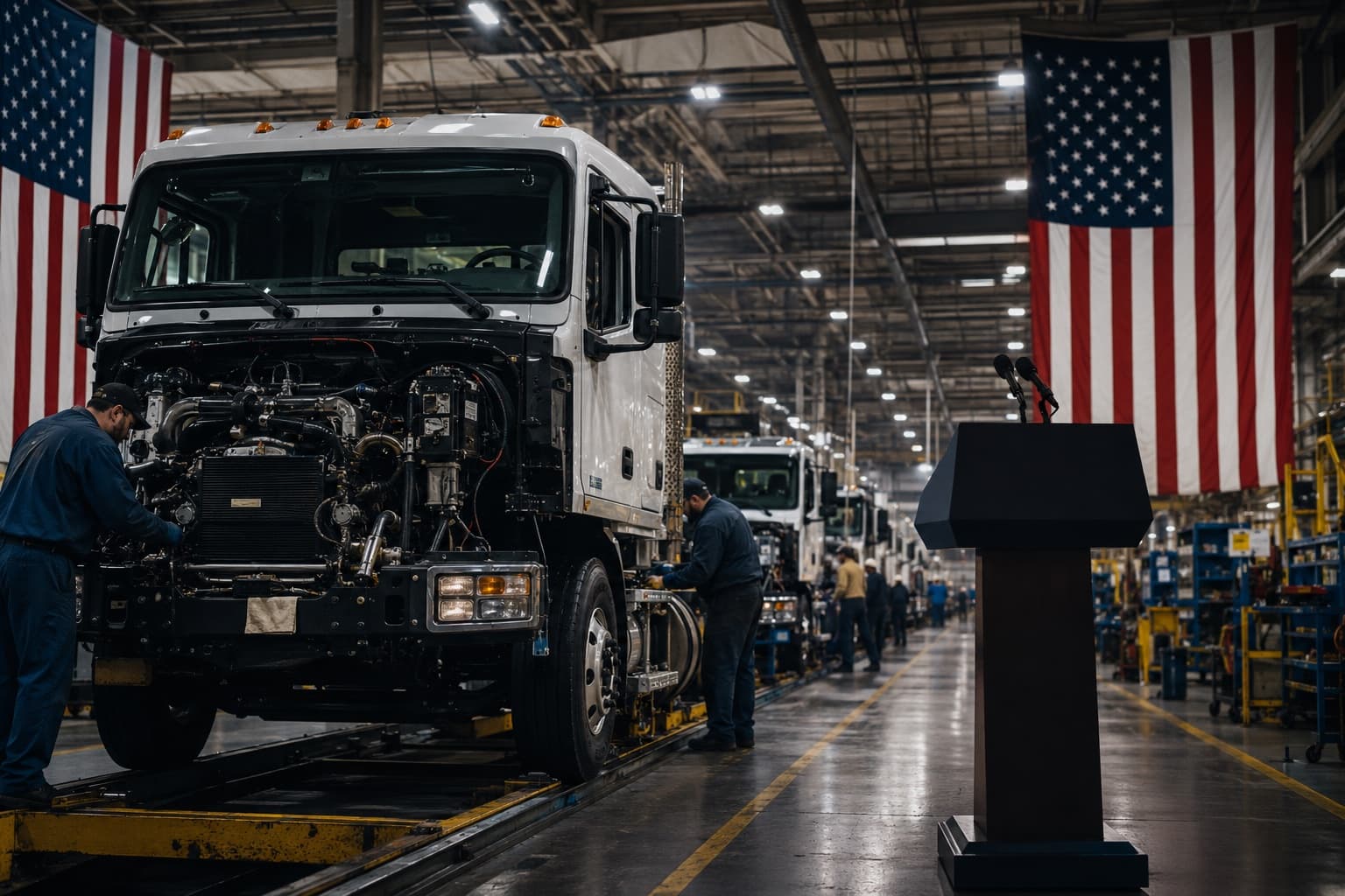 Industrial assembly line inside a heavy-vehicle manufacturing plant