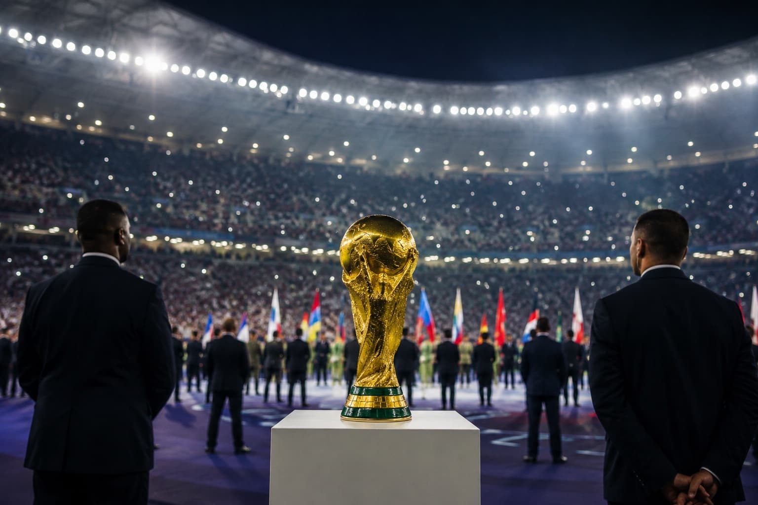 A gleaming gold football trophy on a plinth under stadium lights with empty seating behind