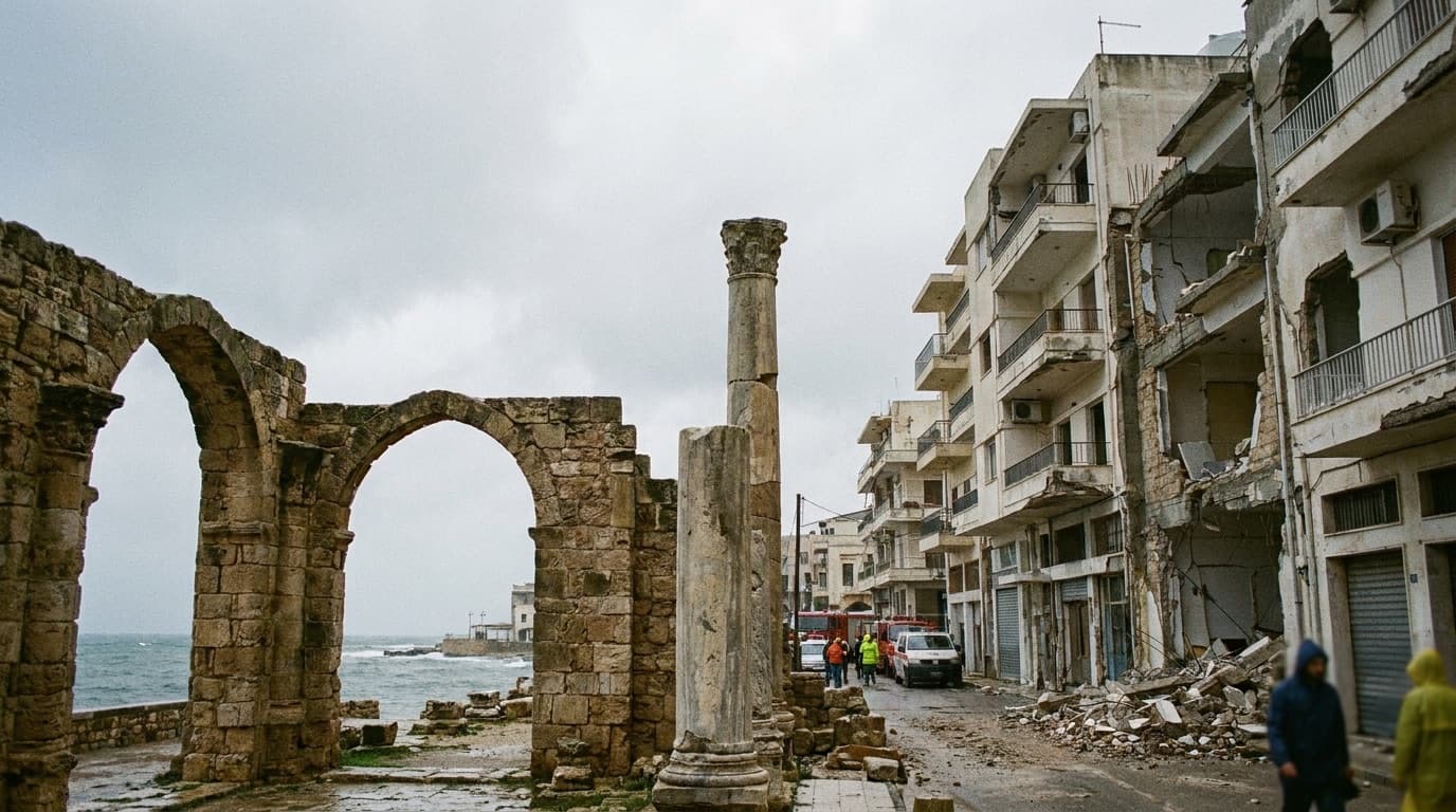 Damaged buildings beside ancient stone ruins in a Mediterranean coastal town under an overcast sky