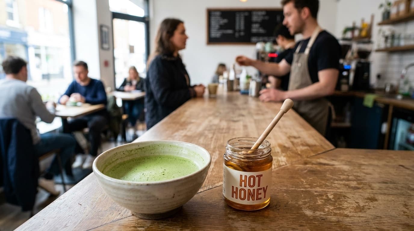 A bowl of whisked matcha next to a jar of hot honey on a cafe counter