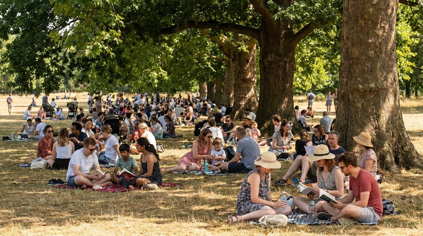 People sheltering under trees in a sunny British park during a heatwave