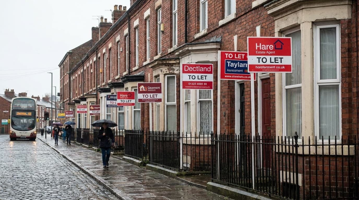 To Let signs outside a row of terraced houses on a British street