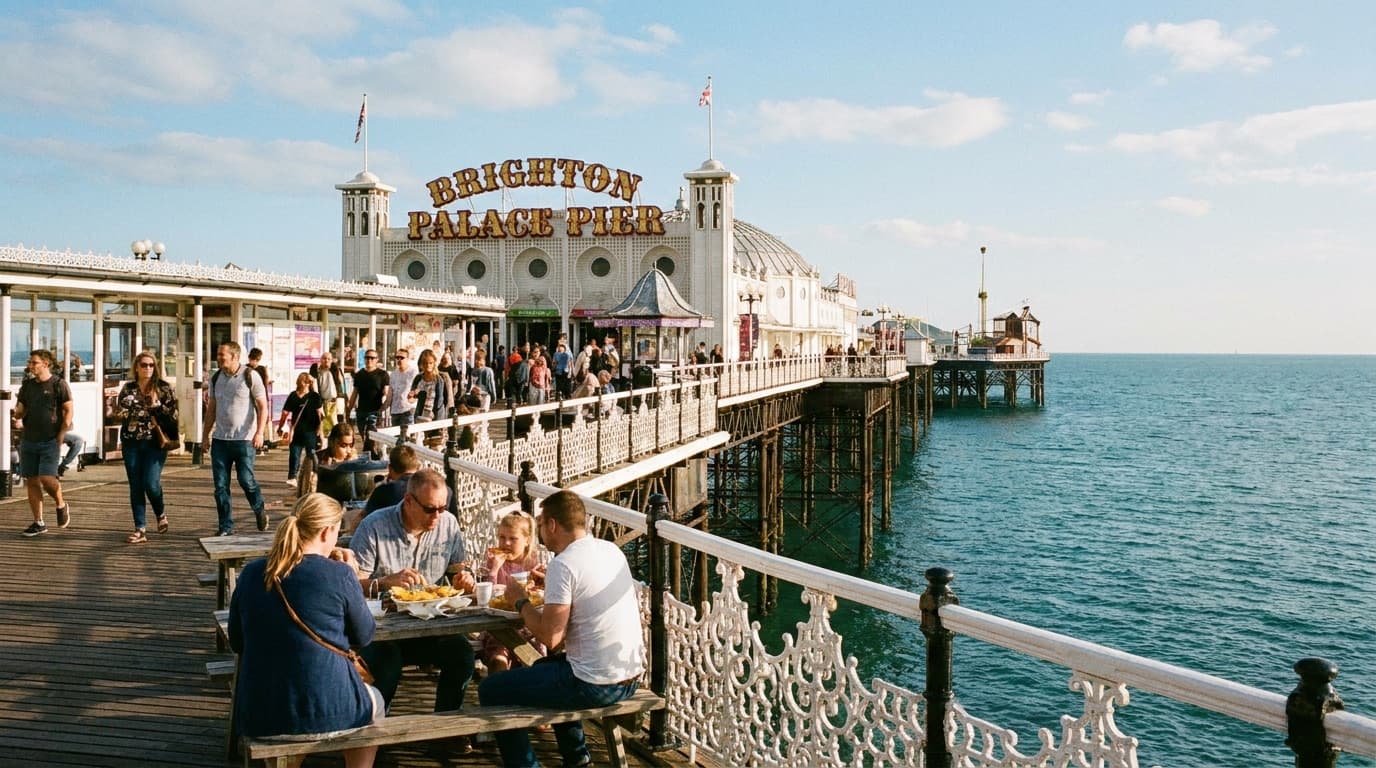 A traditional British seaside pier on a sunny day