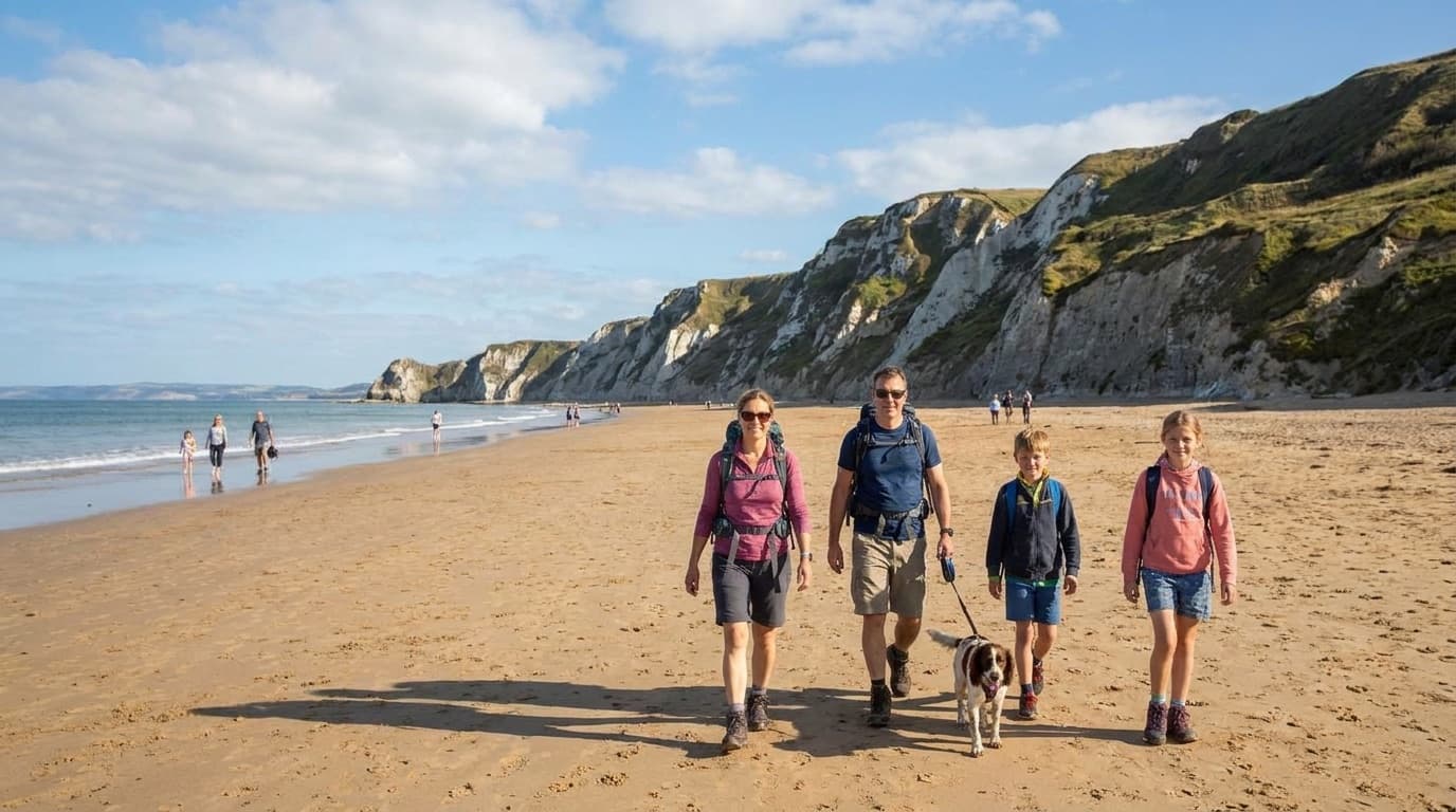 A family walking along a sweeping British beach with cliffs in the background under summer sun