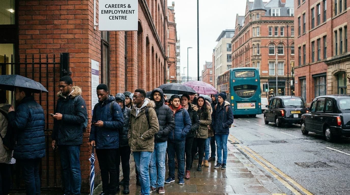 Young jobseekers queuing outside a careers and employment centre in a UK city
