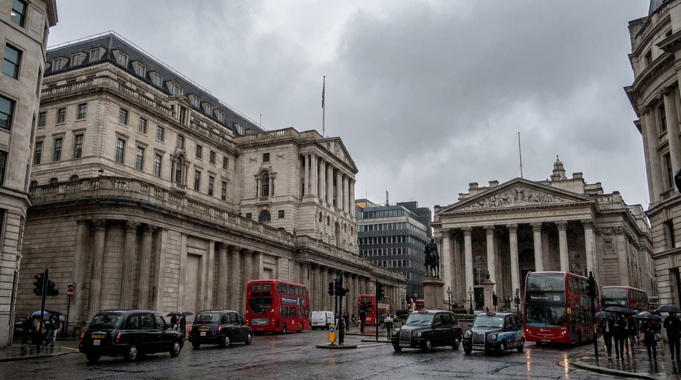 The Bank of England building in the City of London under a grey sky
