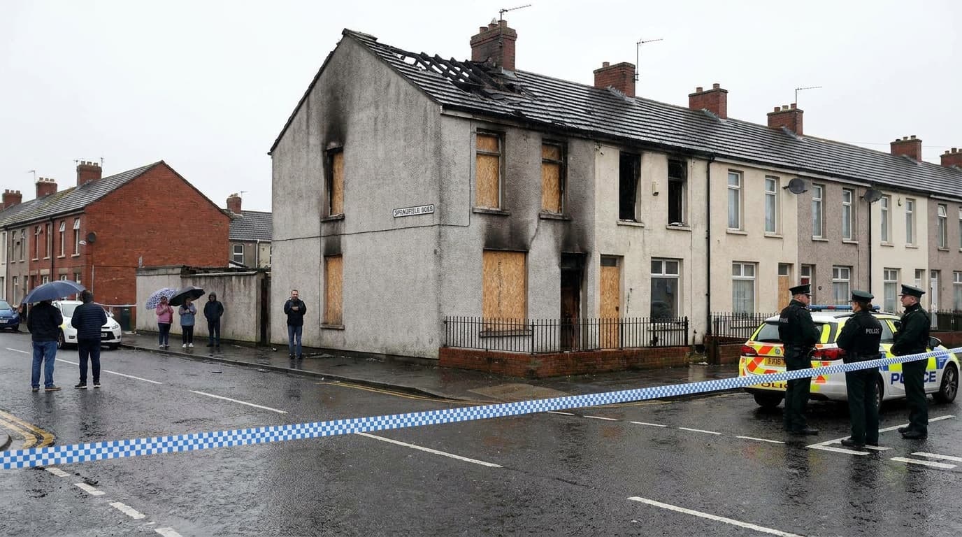A burnt-out terraced house in a Belfast residential street with police tape across the road
