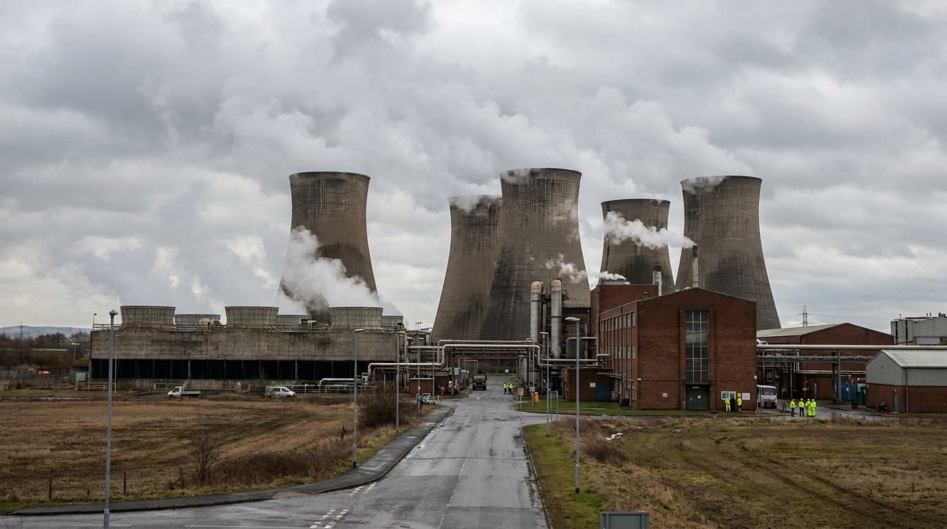 Steam rising from industrial cooling towers at a UK manufacturing plant under a grey sky