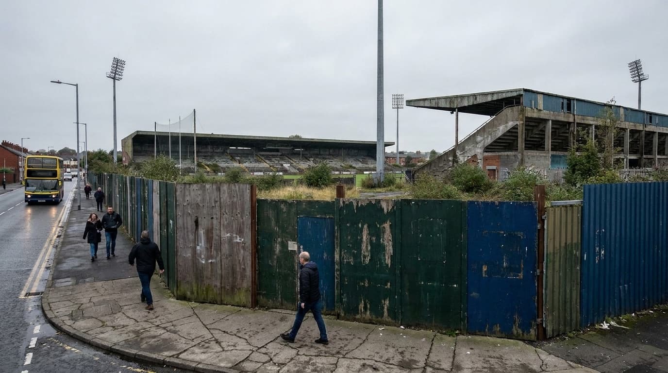 Construction hoarding around the derelict Casement Park GAA stadium site in west Belfast