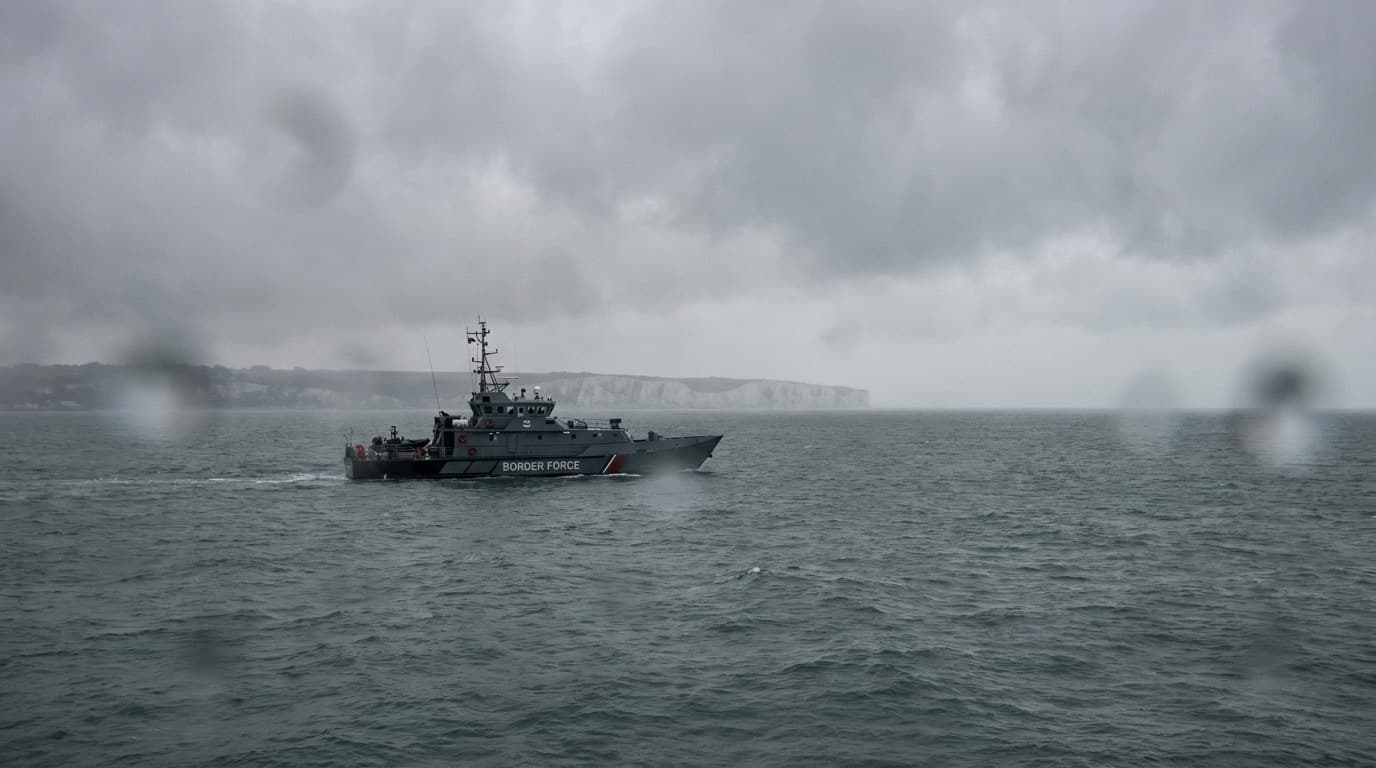 A UK Border Force vessel patrolling the English Channel under overcast skies