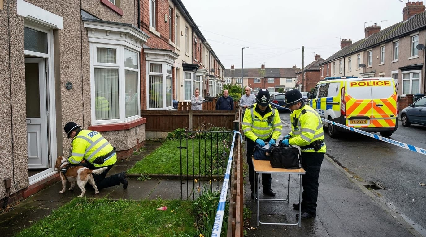 Police officers in uniform conducting a search outside a residential property during a drugs operation