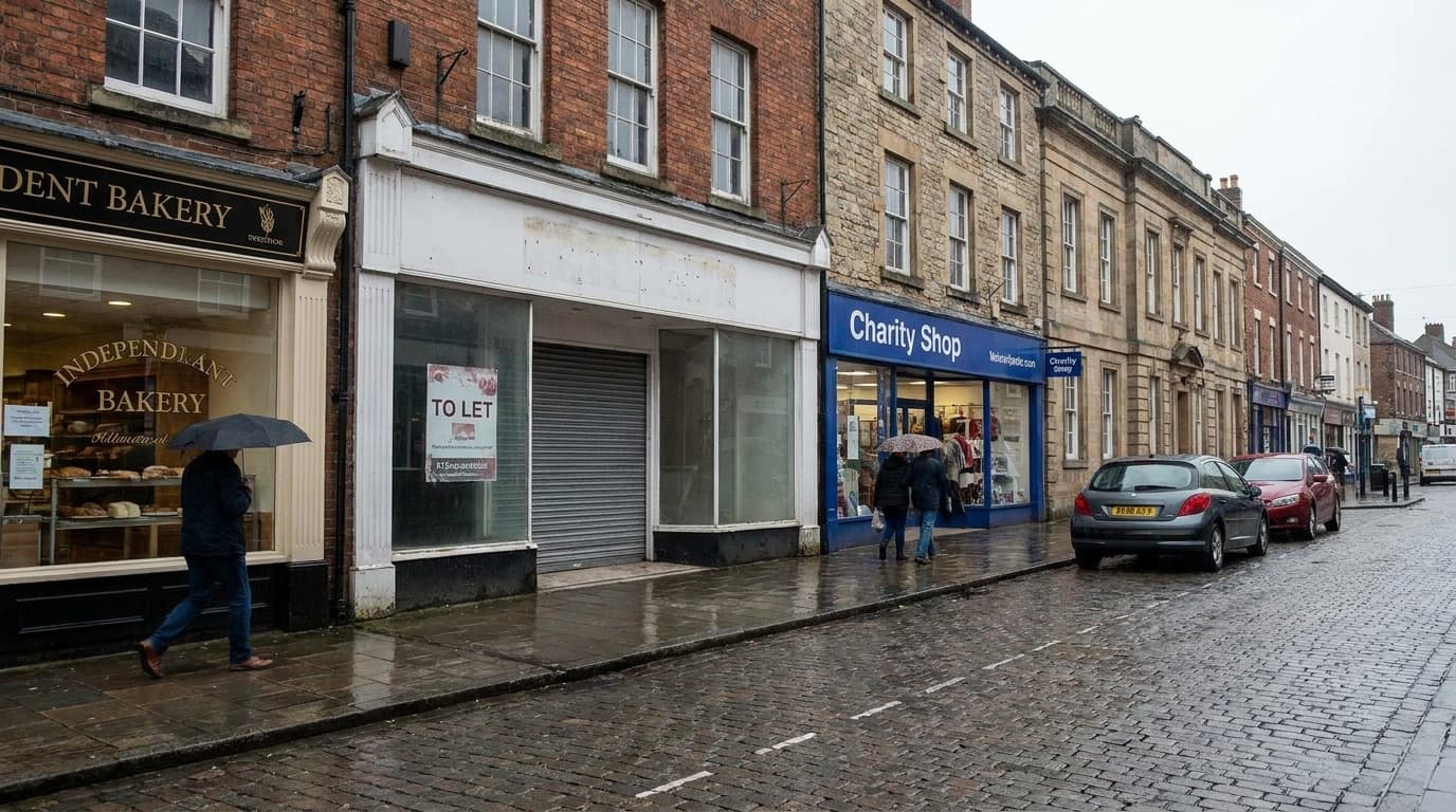 A quiet British high street with a closed shop unit and to let sign