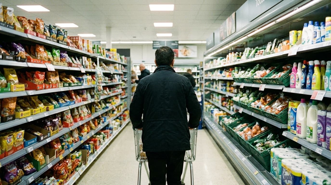 Shopper pushing a trolley down a brightly lit UK supermarket aisle lined with grocery shelves