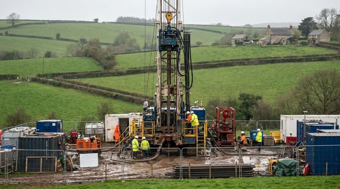 A fracking drilling rig in the English countryside