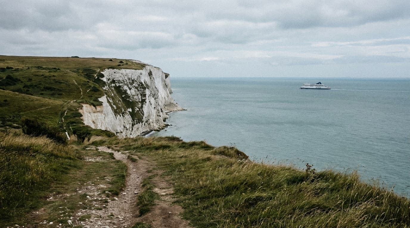 The white cliffs near Dover with a cross-Channel ferry in the distance