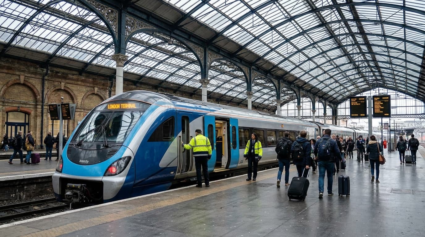 Modern intercity train waiting at a UK station platform under a glass canopy
