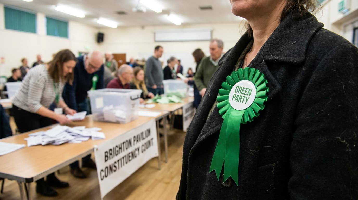 A Green Party rosette pinned to a campaigner's coat at a count