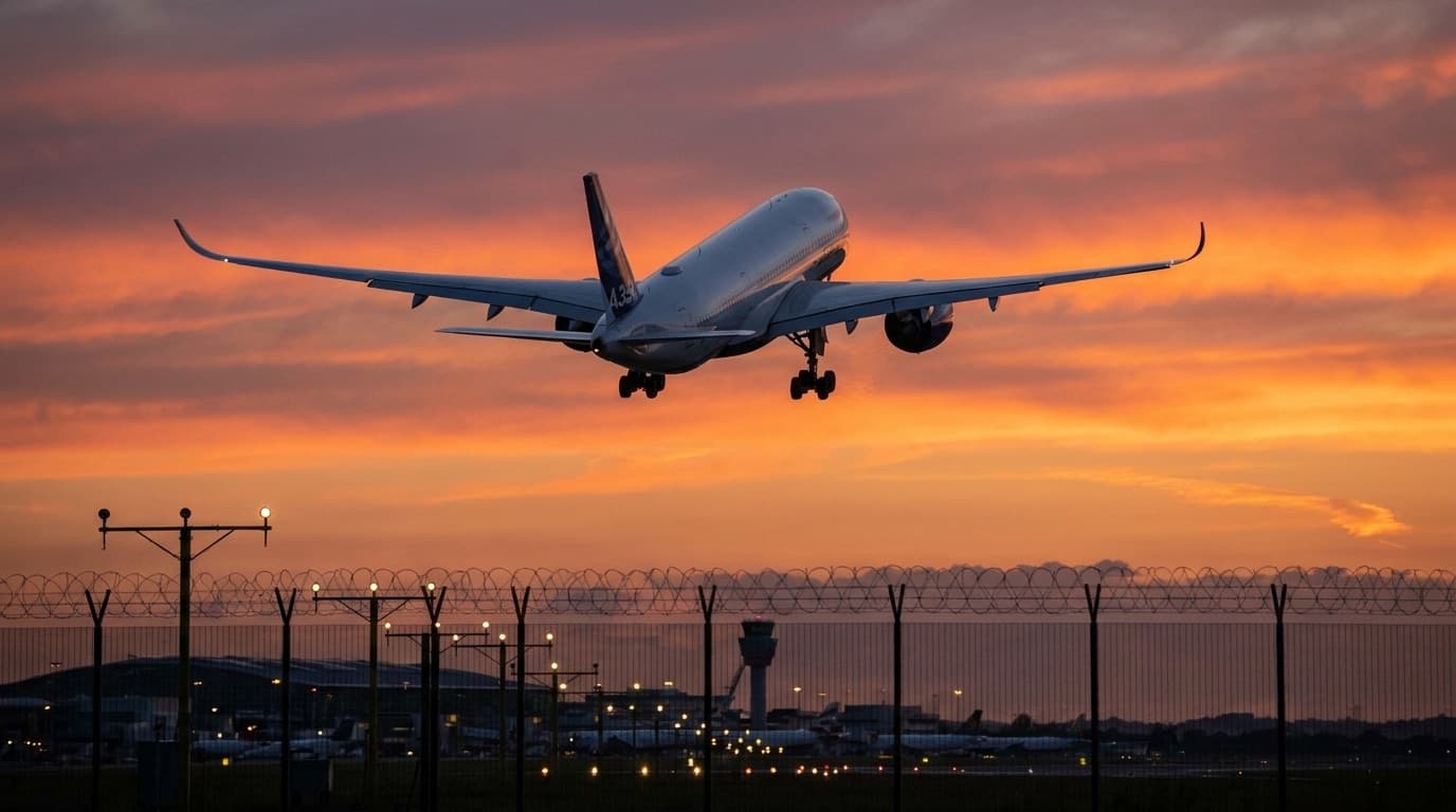 Passenger jet taking off over the perimeter of a major UK airport at dusk