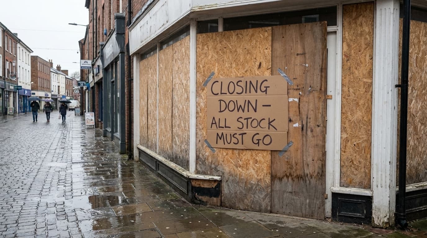 Boarded-up shop unit with a closing down sign on a quiet British high street