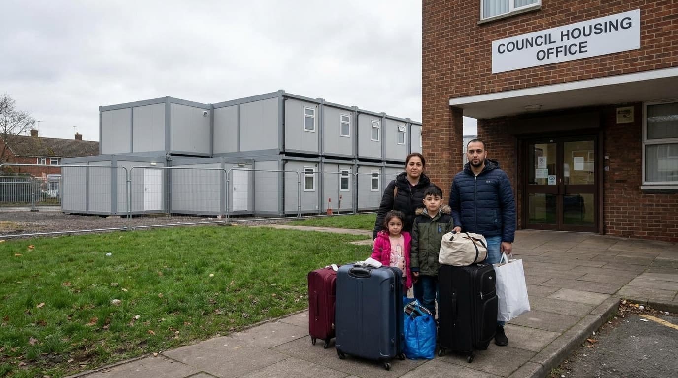 A row of temporary accommodation flats and a family with suitcases outside a council housing office