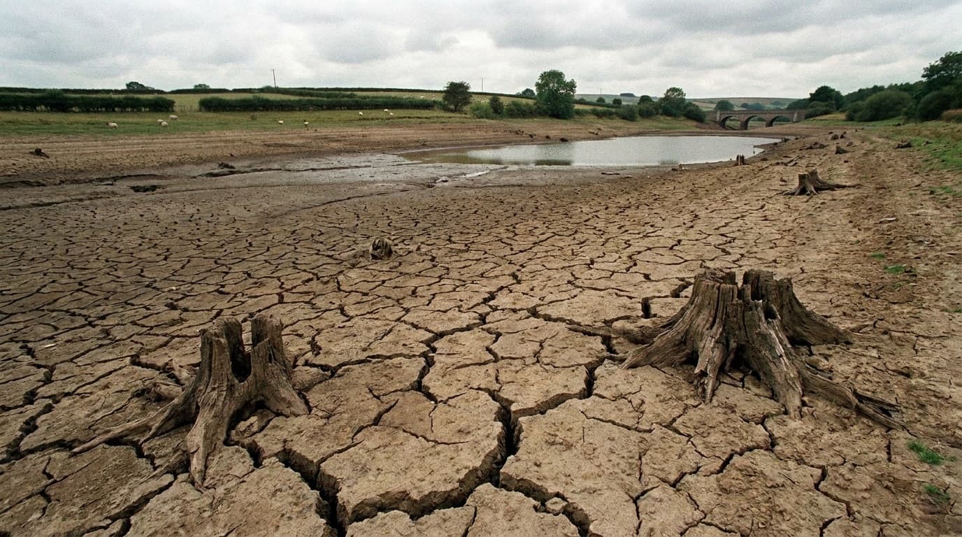 A cracked, dry reservoir bed with low water levels exposing sun-baked mud in the English countryside