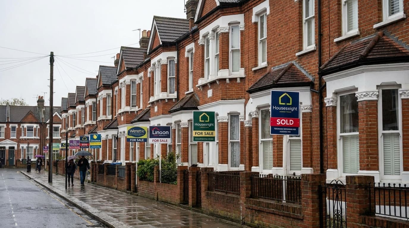 A row of British terraced houses with estate agent for sale boards outside