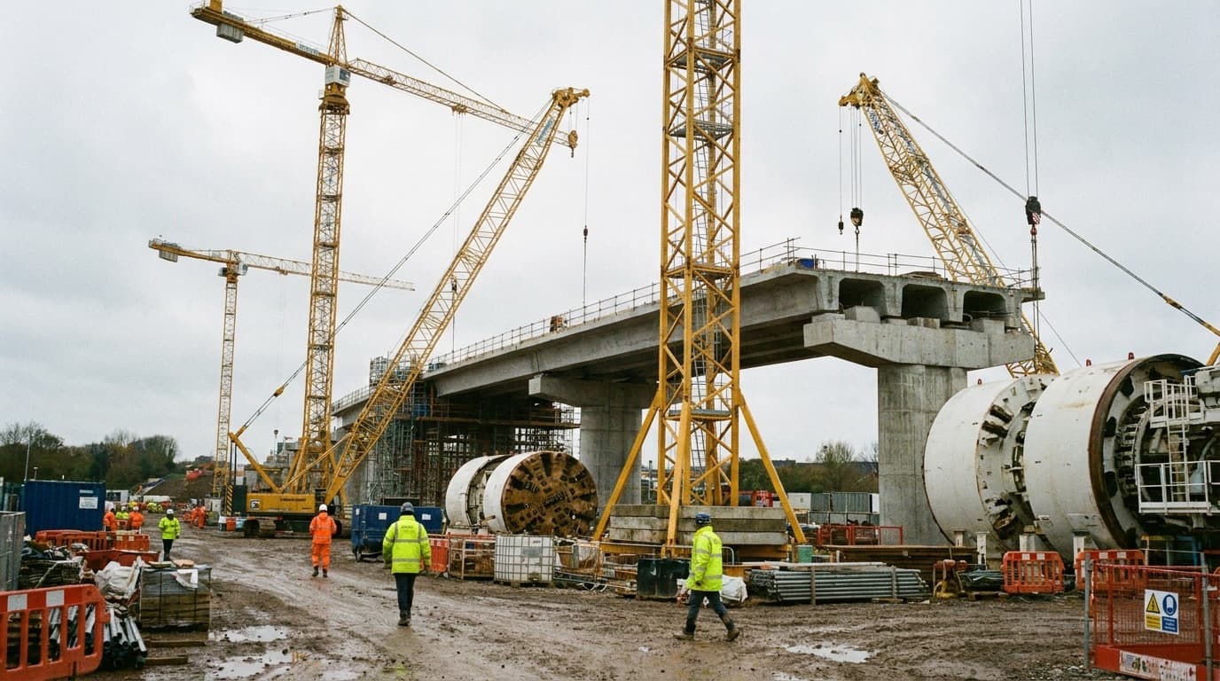 Major railway construction site with cranes, tunnelling equipment and partially built viaduct