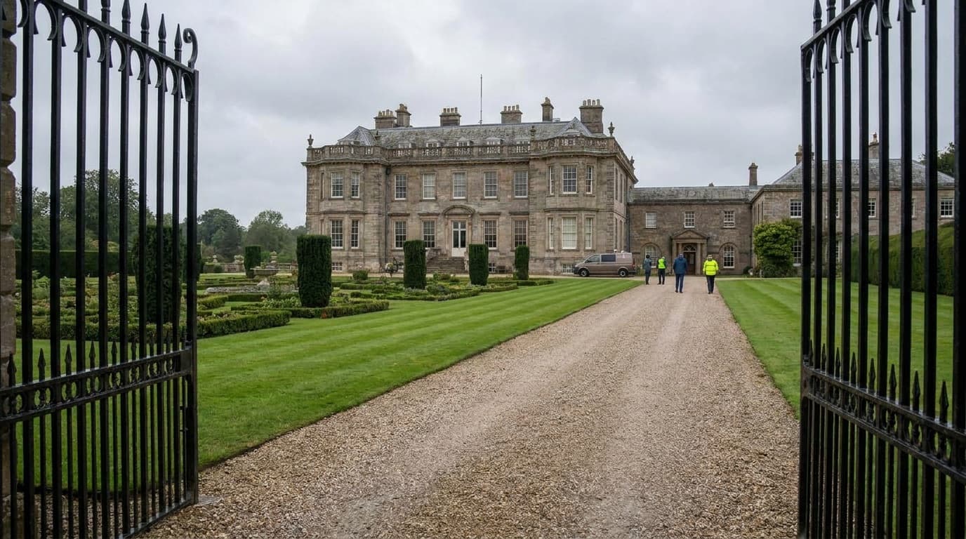 A grand country house estate seen across manicured lawns behind iron gates