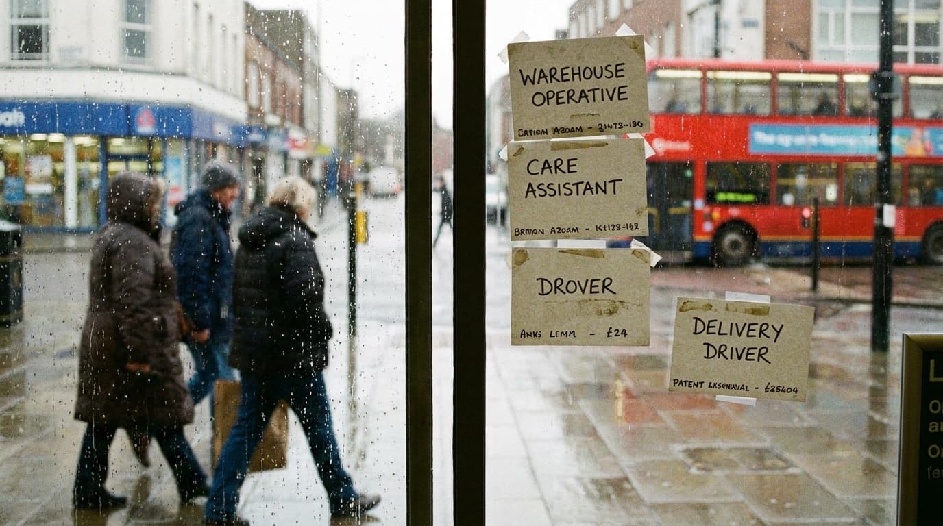 A jobcentre window with vacancy cards and people walking past