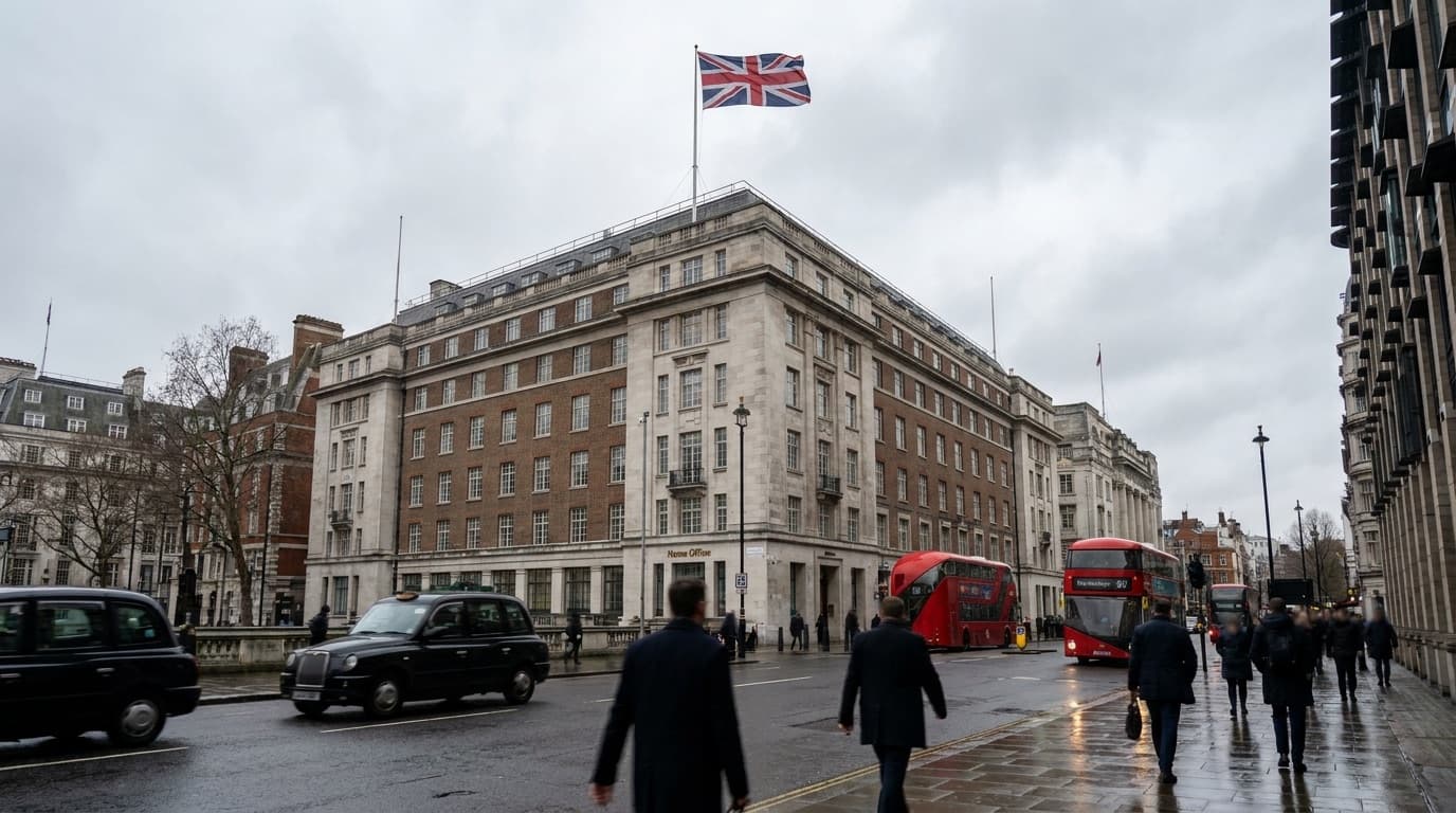 The Home Office building in Westminster with the Union flag flying outside