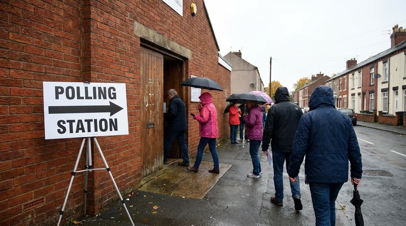 A polling station sign outside a community hall in a northern English town