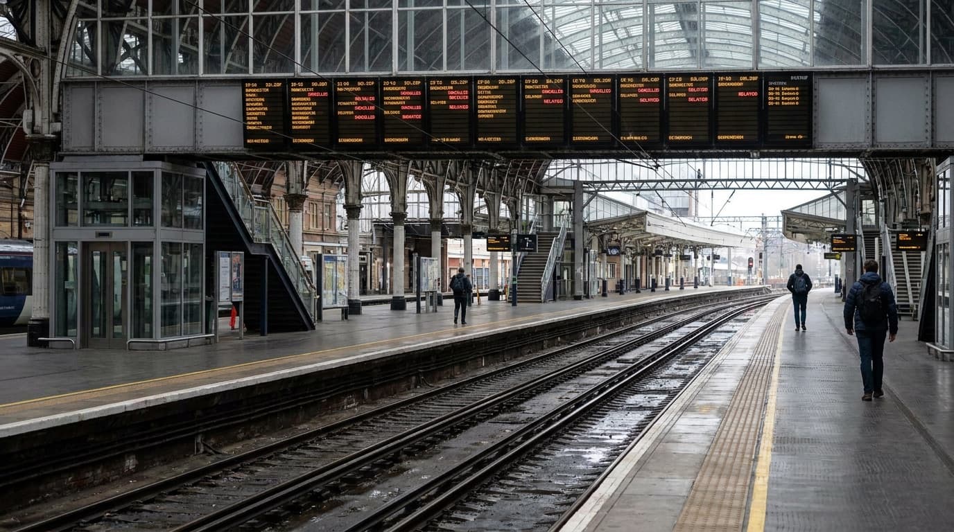 Empty railway platform with departure boards showing cancelled trains at a major UK station