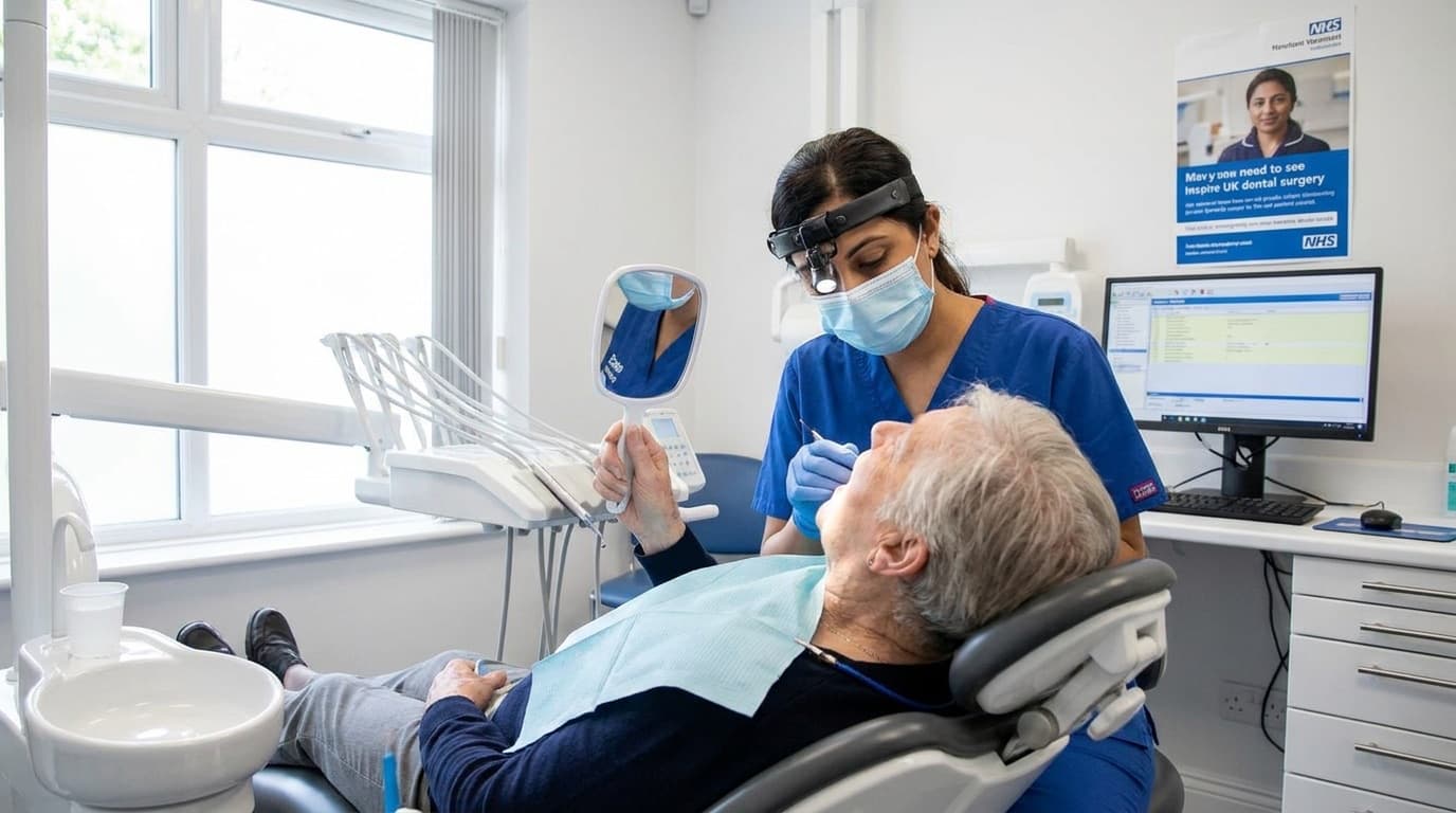 An NHS dentist examining a patient in a modern dental surgery