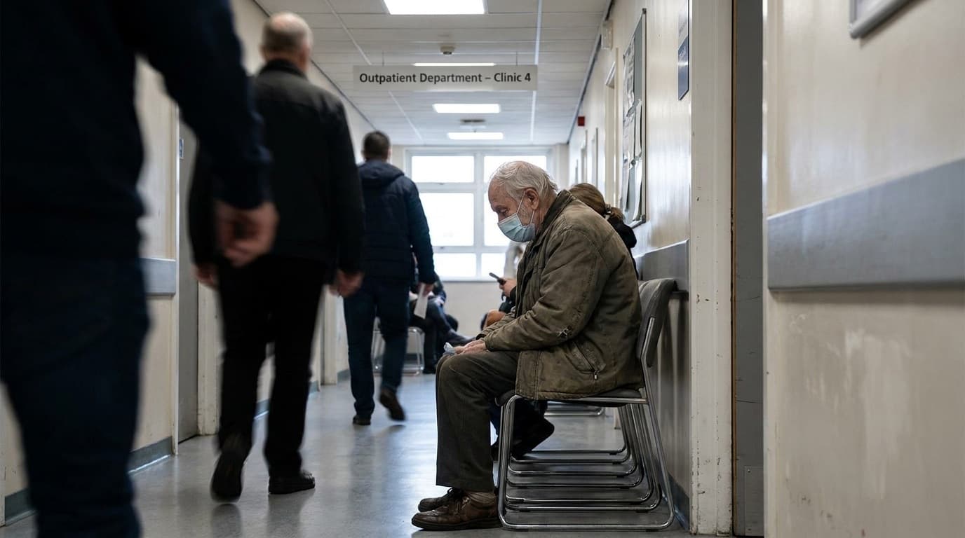 A patient waiting on a chair in an NHS outpatient department corridor