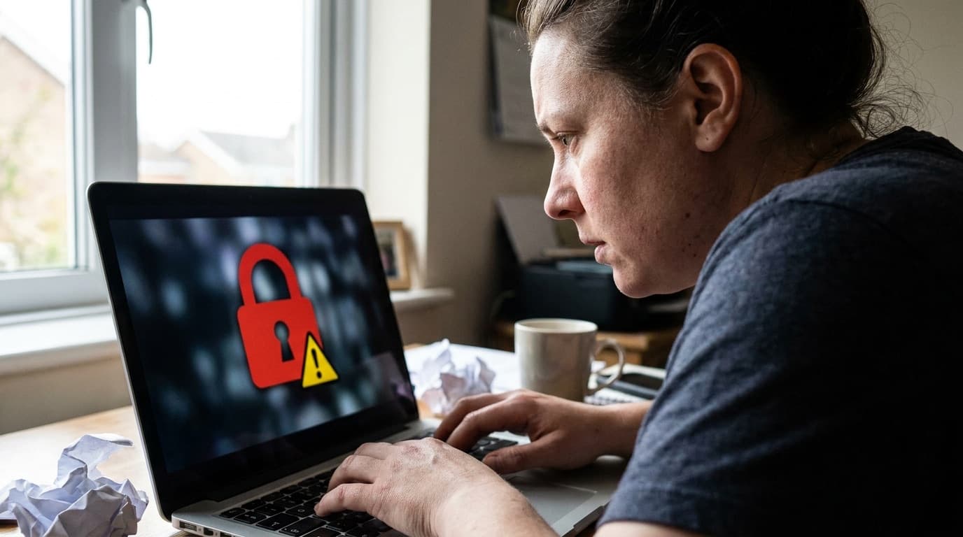 A person at a laptop with a padlock and warning symbol on the screen representing online fraud