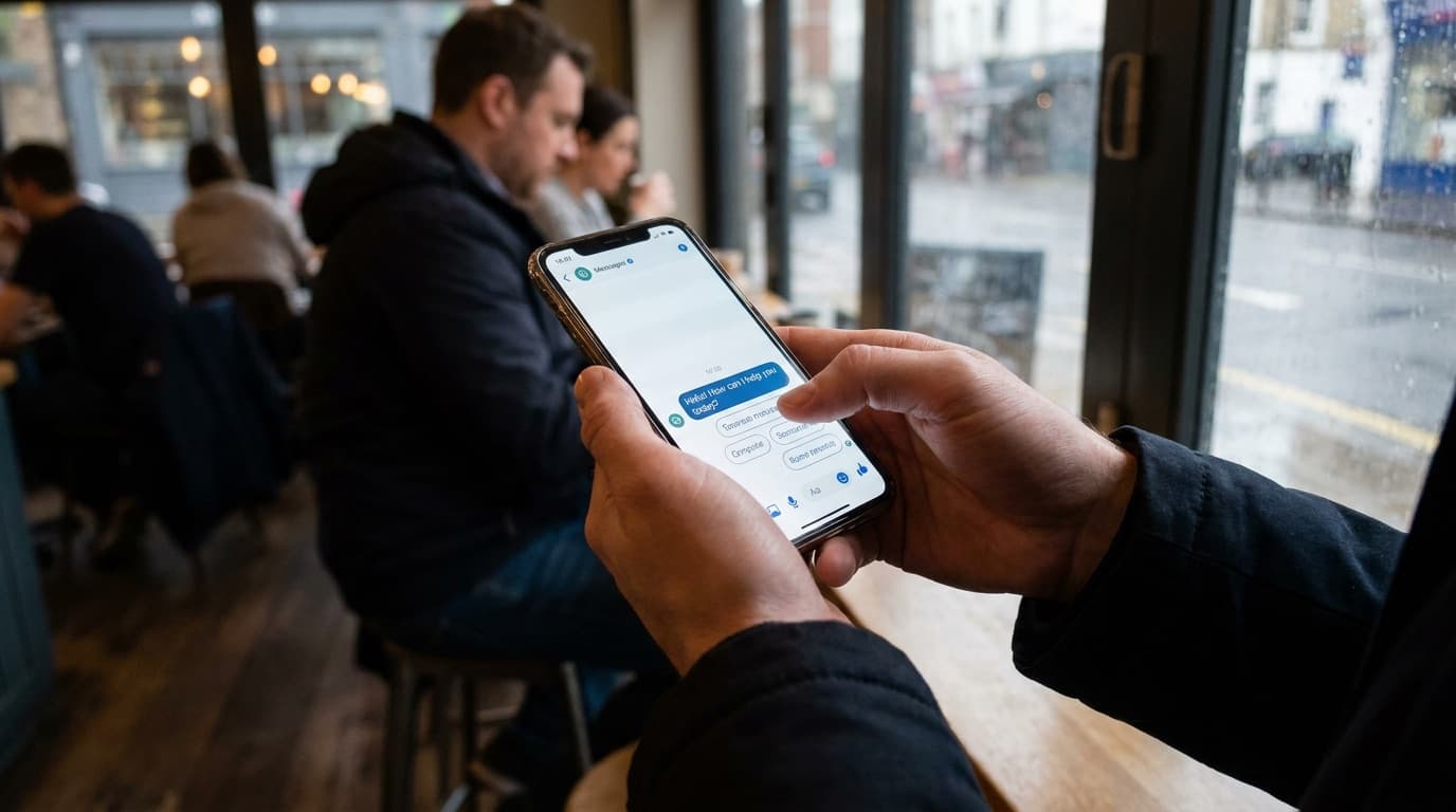 A person using a chatbot app on a smartphone screen showing a messaging interface