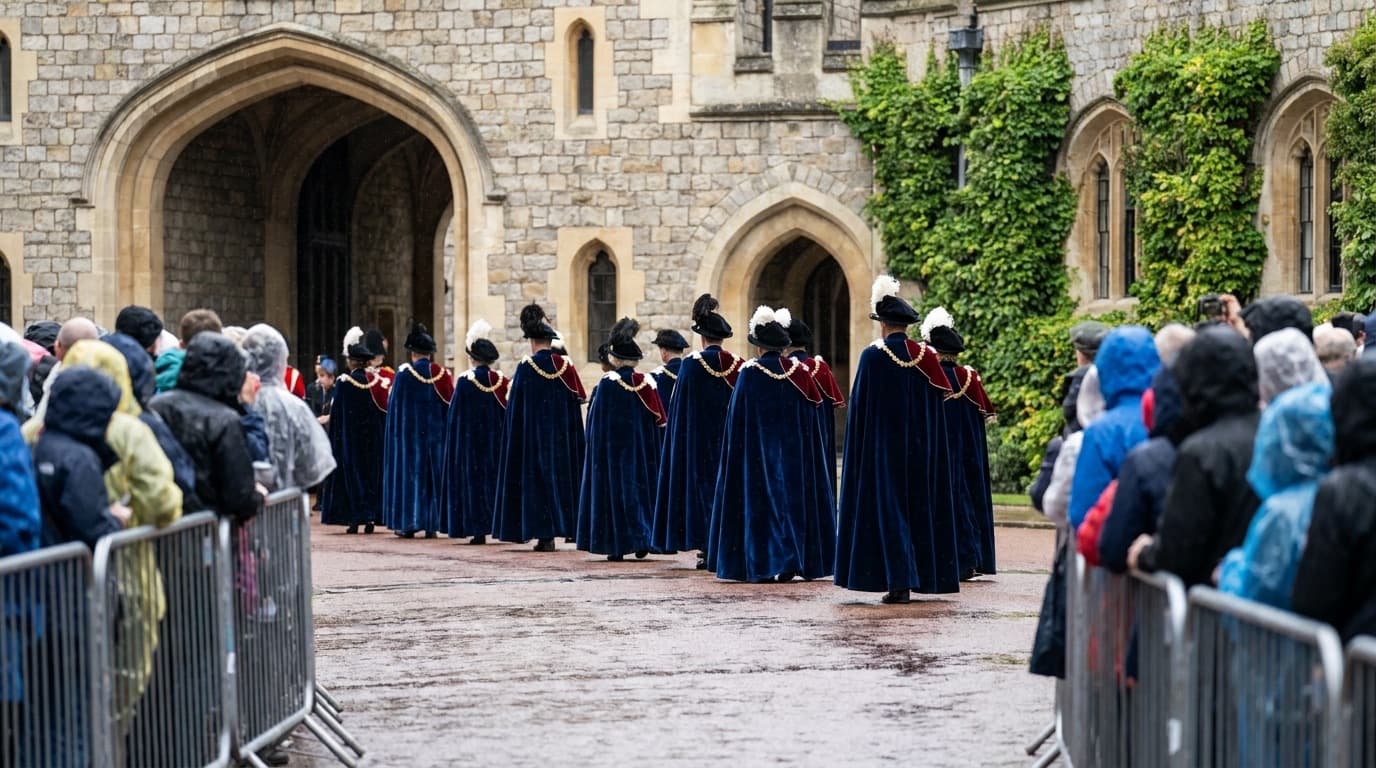 A procession of figures in dark blue velvet robes and plumed hats walking through a castle courtyard