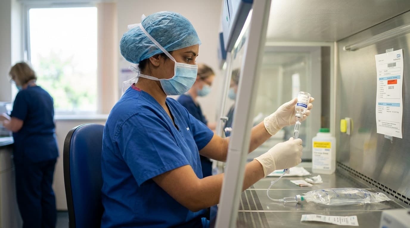 A pharmacist preparing a targeted cancer therapy infusion in an NHS hospital