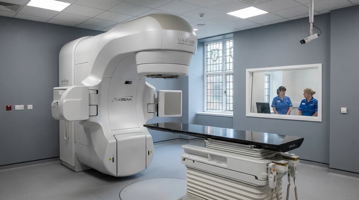 A modern linear accelerator radiotherapy machine in an NHS treatment room