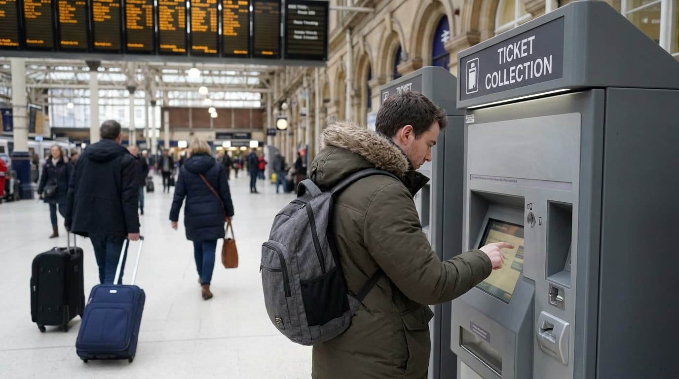 Passenger buying a ticket from a self-service machine at a UK railway station