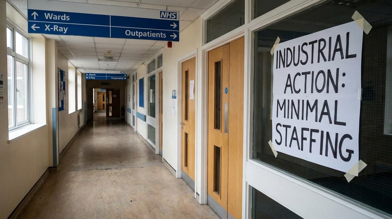 An empty NHS hospital corridor with directional signage during planned industrial action