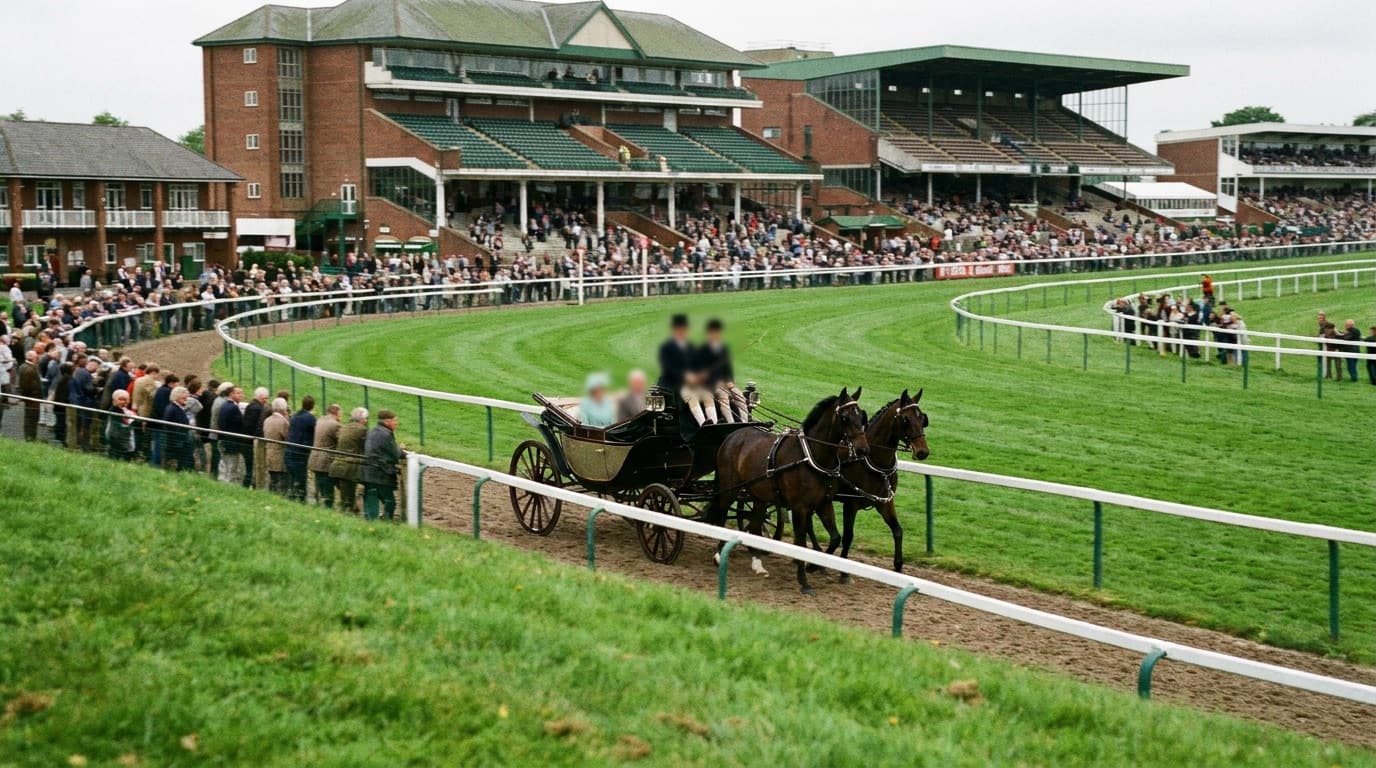 An open horse-drawn landau carriage travelling down a green racecourse before grandstands