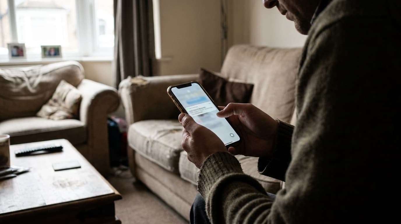 Person looking warily at a suspicious message on a smartphone screen in a UK living room
