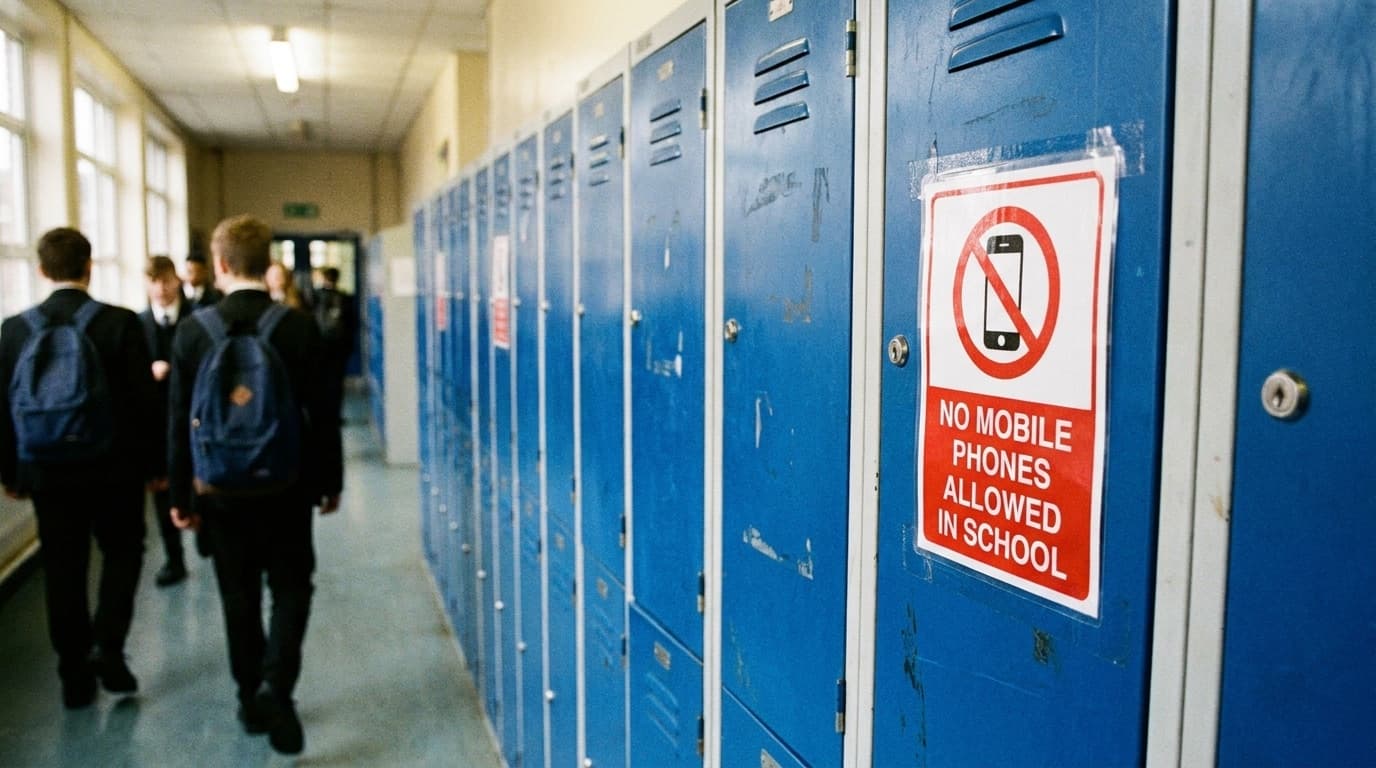 A row of school lockers in an English secondary school with a no-mobile-phones sign, illustrating the phone ban